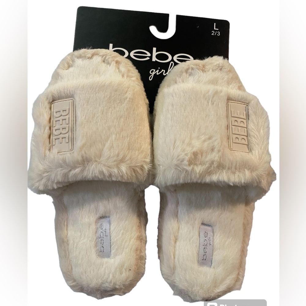 Bebe Girl Cream Faux Fur Slide Slippers Logo Patch Size 2/3‎ Toddler L